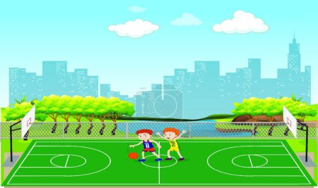 Ilustración de Niños Jugar baloncesto moderno vector ilustración - Imagen libre de derechos