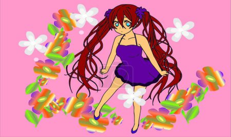 Ilustración de Chica en vestido con flores, vector de ilustración - Imagen libre de derechos