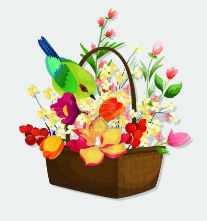 Ilustración de Cesta de colorido pájaro con flores - Imagen libre de derechos