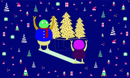 Illustration for Merry christmas greeting card, cute cartoon characters with snowman and fir tree on a blue background with snowflakes - Royalty Free Image