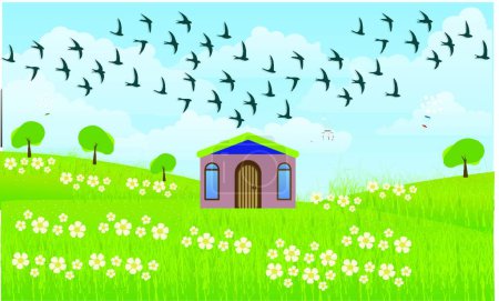 Téléchargez les illustrations : Illustration d'une maison de prairie et d'oiseaux survolant la maison - en licence libre de droit