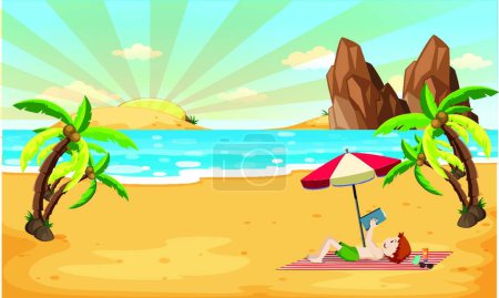 Illustration for Summer time with beach and tropical scene illustration - Royalty Free Image