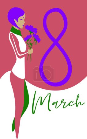 Ilustración de "Mujer con el pelo corto de color rosa sosteniendo flores, texto '8 marzo'
" - Imagen libre de derechos
