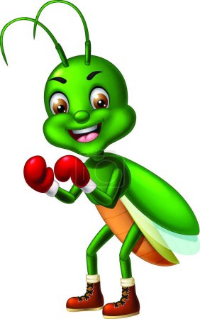 Photo pour Funny Green Grasshopper Cricket Boxer Wear Red Gloves Cartoon - image libre de droit