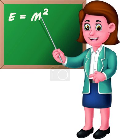 Illustration for "Cute Teacher Woman in Blue Suit With Green Chalkboard and Pointer Cartoon" - Royalty Free Image