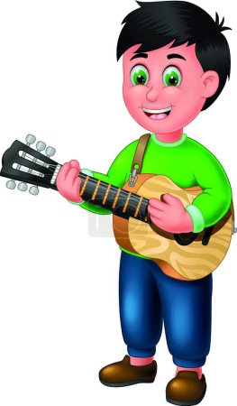 Illustration for Funny Boy Playing Brown Acoustic Guitar With Smile Face Cartoon - Royalty Free Image