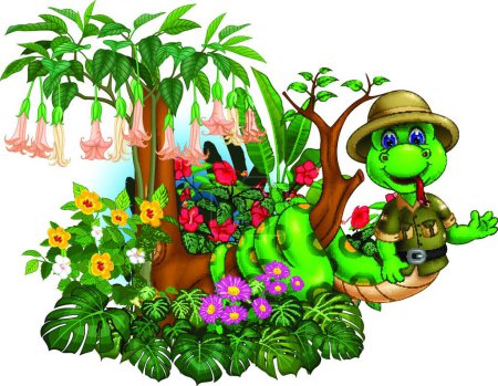 Photo pour Green Snake On Tree Branch With Tropica Ivy Flowers Cartoon - image libre de droit