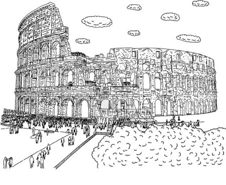 Ilustración de Crowd of tourist visiting Colosseum vector illustration sketch - Imagen libre de derechos