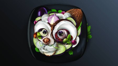 Ilustración de Cabeza de gato hecha de collage alimenticio que incluye verduras y frutas
. - Imagen libre de derechos