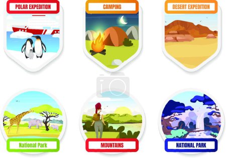 Illustration for Expedition flat color vector badge set. National park. Antarctica, south pole. Camping and hiking. Trekking on mountain hills. Exloration graphic sticker pack. Tourism isolated cartoon design element - Royalty Free Image