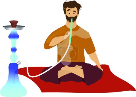 Illustration for Man sitting and smoking hookah flat color vector faceless character. Tourist with egyptian sheesha, hooka. Eastern traditional habit, arabian smoking culture isolated cartoon illustration on white - Royalty Free Image