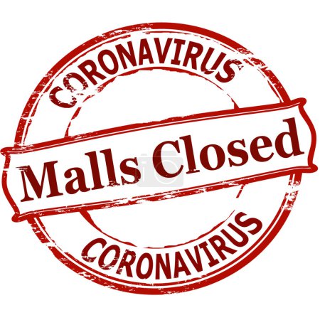 Téléchargez les illustrations : "Centre commercial fermé Coronavirus "texte dans le style timbre, estampillé sur fond blanc - en licence libre de droit