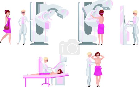 Ilustración de Breast medical examination flat illustrations set. Mammography, diagnostic medical sonography and palpation. Breast cancer prevention exam concept. Mammalogist and female patient cartoon character - Imagen libre de derechos