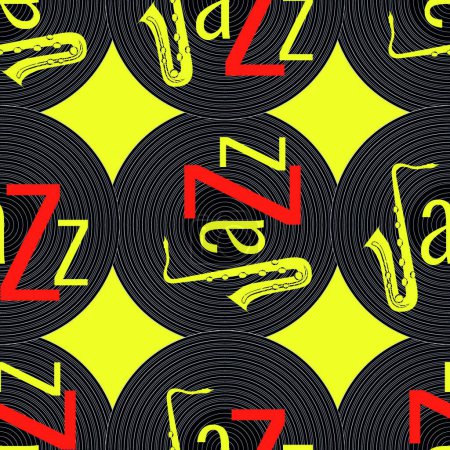 Illustration for Jazz concept. Vinyl record and word Jazz. Letter J - saxophone. Seamless pattern. Red, black and yellow elements. Yellow background - Royalty Free Image