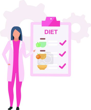 Illustration for "Dietary nutrition plan flat vector illustration. Female nutritionist prescribing healthy food for losing weight isolated cartoon character on white background. Dietitian recommending meals schedule" - Royalty Free Image
