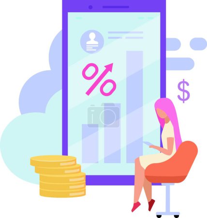 Illustration for Mobile banking account balance flat vector illustration. Loan high interest rates cartoon concept. Investment, stock trading app isolated metaphor. E commerce, profit growth. Ewallet, ROI statistics - Royalty Free Image