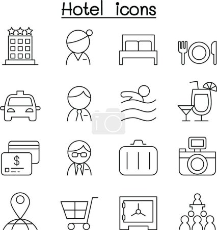 Téléchargez les illustrations : "Icône de l'hôtel dans un style de ligne mince
" - en licence libre de droit