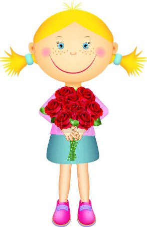 Téléchargez les illustrations : Fille mignonne avec des fleurs, illustration vectorielle conception simple - en licence libre de droit