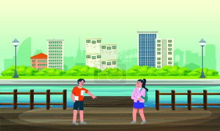 Illustration for Boy and girl playing together near the river bank, vector illustration simple design - Royalty Free Image