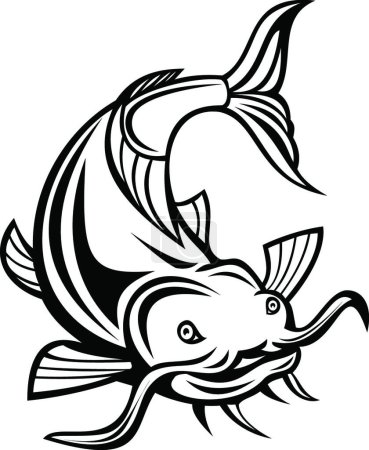 Téléchargez les illustrations : "Catfish or Wels Catfish Attacking Front Cartoon Black and White" - en licence libre de droit