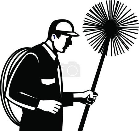 Illustration for "Chimney Sweeper Holding a Sweep or Broom and Rope Side View Retro Black and White " - Royalty Free Image