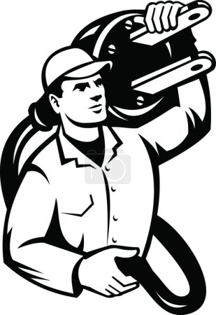 Illustration for "Electrician Carrying an Electric Plug Front View Retro Black and White" - Royalty Free Image
