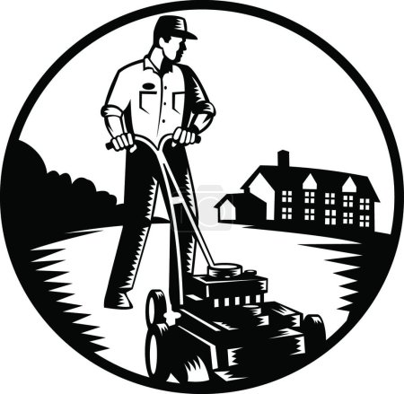 Illustration for "Gardener Mowing With Lawn Mower Woodcut Retro Black and White" - Royalty Free Image