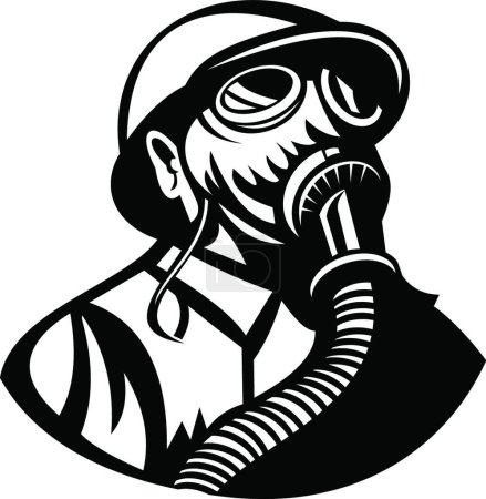 Téléchargez les illustrations : "Gasman Wearing a Hardhat and Gas Mask Looking Up Retro Black and White" - en licence libre de droit