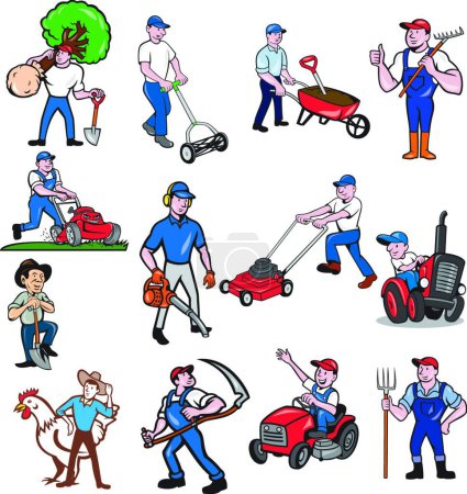 Téléchargez les illustrations : "Mascotte de travailleur agricole Cartoon Set
" - en licence libre de droit