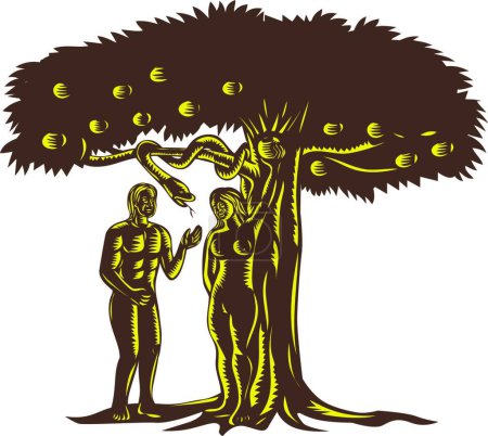 Illustration for "Adam and Eve Apple Serpent Woodcut" - Royalty Free Image
