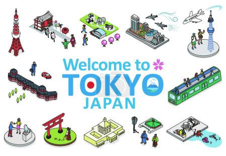Téléchargez les illustrations : "Bienvenue à TOKYO JAPAN.Illustration vectorielle isométrique de TOKYO CITY JAPAN." - en licence libre de droit