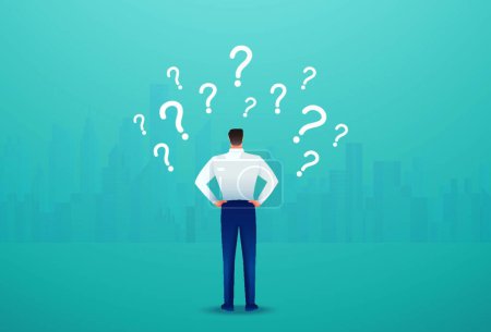 Illustration for "back view of businessman looking at  question marks vector illustration" - Royalty Free Image