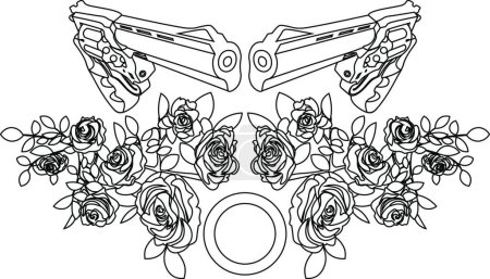 Illustration for "line art of two revolvers and roses" - Royalty Free Image