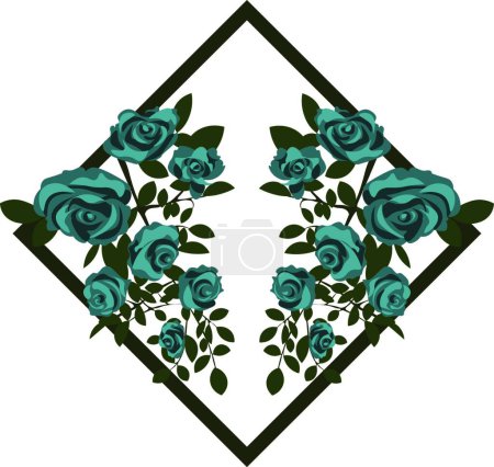 Téléchargez les illustrations : "two bouquets of reflected beautiful blooming blue roses in the rhombus" - en licence libre de droit