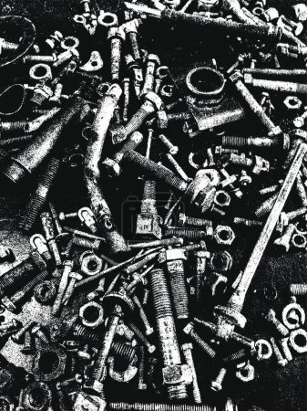 Illustration for "Distressed overlay texture of rusted peeled metal, bolts, female internal screw, pin, nuts, nobnail, nail. grunge background." - Royalty Free Image