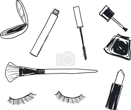 Téléchargez les illustrations : "Assorted Cosmetics make up accessory cute hand drawn vector art " - en licence libre de droit