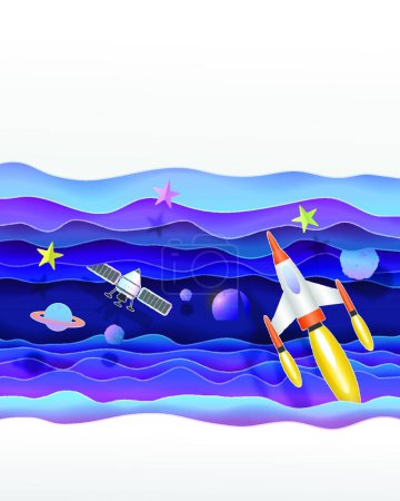 Téléchargez les photos : Satellites et fusée spatiale volant dans l'univers papier mignon - en image libre de droit
