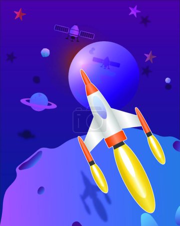 Téléchargez les illustrations : "fusée spatiale volant dans l'univers art mignon vecteur papier art
 " - en licence libre de droit