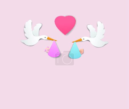 Illustration for "stork With Baby Girl and boy paper art cute vector paper cut ill" - Royalty Free Image