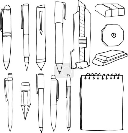 Téléchargez les illustrations : "office supplies  pencil pens cutter eraser line art vector  illu" - en licence libre de droit