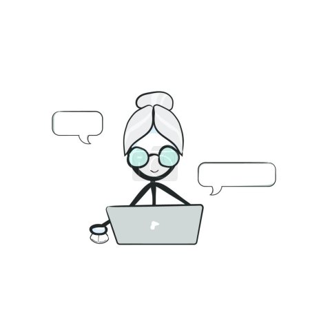 Illustration for "Old lady using computer. Vector simple internet conversation chat. Stickman no face clipart cartoon. Hand drawn. Doodle sketch, graphic illustration" - Royalty Free Image