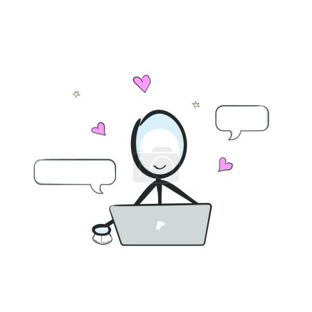 Illustration for "Man chatting. online love date. Vector simple romantic conversation. Stickman no face clipart cartoon. Hand drawn. Doodle sketch, graphic illustration" - Royalty Free Image