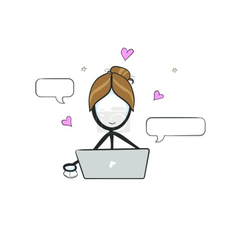 Illustration for "Woman chatting. online love date. Vector simple romantic conversation. Stickman no face clipart cartoon. Hand drawn. Doodle sketch, graphic illustration" - Royalty Free Image