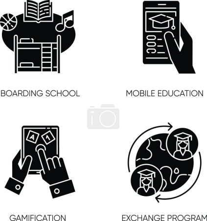 Téléchargez les illustrations : "Modern learning opportunities black glyph icons set on white space" - en licence libre de droit