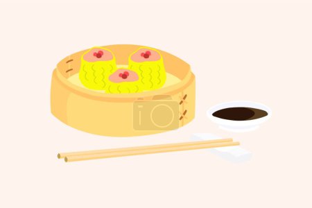 Téléchargez les illustrations : "Dim sum dans un panier en bambou avec une tasse de sauce et des baguettes placées sur le côté. Dim sum sont collation préférée des Asiatiques
." - en licence libre de droit