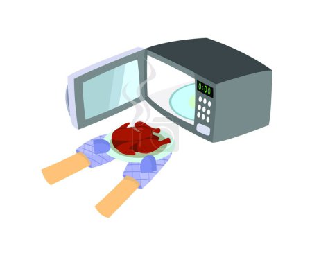 Ilustración de "Microondas con puerta abierta. Use guantes para retirar el pollo del microondas.
." - Imagen libre de derechos