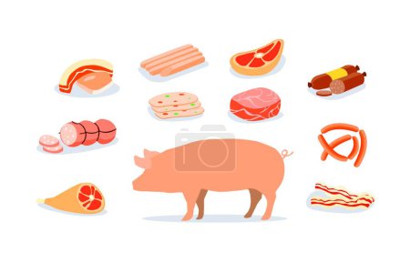 Téléchargez les illustrations : "Les produits du porc sont largement consommés. Produits transformés du porc." - en licence libre de droit