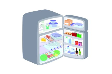 Ilustración de "Nevera gris se abrió la puerta aislada sobre fondo blanco. Refrigerador mantiene las frutas y los alimentos para mantener la frescura
." - Imagen libre de derechos