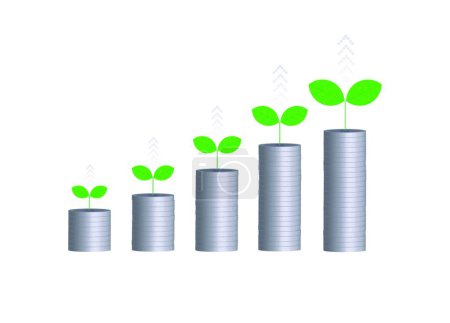 Illustration for "Silver coins arranged in a graph with there are trees on top." - Royalty Free Image