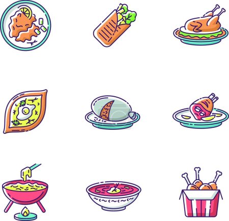 Téléchargez les illustrations : "Cafe meals RGB color icons set" - en licence libre de droit
